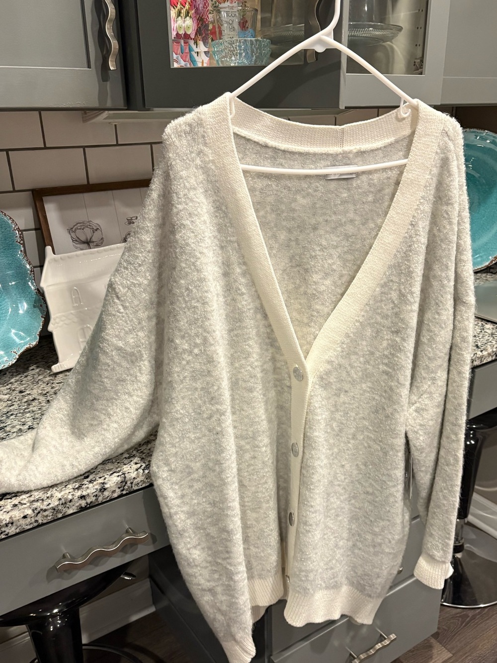 NWT Cozy Women's Gray and Cream Button-Front Sweater Cardigan